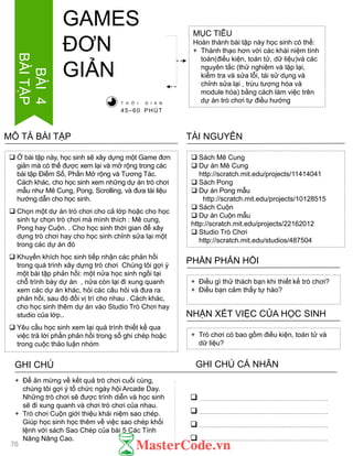  Ở bài tập này, học sinh sẽ xây dựng một Game đơn
giản mà có thể đƣợc xem lại và mở rộng trong các
bài tập Điểm Số, Phần Mở rộng và Tƣơng Tác.
Cách khác, cho học sinh xem những dự án trò chơi
mẫu nhƣ Mê Cung, Pong, Scrolling, và đƣa tài liệu
hƣớng dẫn cho học sinh.
 Chọn một dự án trò chơi cho cả lớp hoặc cho học
sinh tự chọn trò chơi mà mình thích : Mê cung,
Pong hay Cuộn. . Cho học sinh thời gian để xây
dựng trò chơi hay cho học sinh chỉnh sửa lại một
trong các dự án đó
 Khuyến khích học sinh tiếp nhận các phản hồi
trong quá trình xây dựng trò chơi Chúng tôi gợi ý
một bài tập phản hồi: một nửa học sinh ngồi tại
chỗ trình bày dự án , nửa còn lại đi xung quanh
xem các dự án khác, hỏi các câu hỏi và đƣa ra
phản hồi, sau đó đổi vị trí cho nhau . Cách khác,
cho học sinh thêm dự án vào Studio Trò Chơi hay
studio của lớp..
 Yêu cầu học sinh xem lại quá trình thiết kế qua
việc trả lời phần phản hồi trong sổ ghi chép hoặc
trong cuộc thảo luận nhóm
MÔ TẢ BÀI TẬP
MỤC TIÊU
Hoàn thành bài tập này học sinh có thể:
+ Thành thạo hơn với các khái niệm tính
toán(điều kiện, toán tử, dữ liệu)và các
nguyên tắc (thử nghiệm và lặp lại,
kiểm tra và sửa lỗi, tái sử dụng và
chỉnh sửa lại , trừu tƣợng hóa và
module hóa) bằng cách làm việc trên
dự án trò chơi tự điều hƣớng
 Sách Mê Cung
 Dự án Mê Cung
http://scratch.mit.edu/projects/11414041
 Sách Pong
 Dự án Pong mẫu
http://scratch.mit.edu/projects/10128515
 Sách Cuộn
 Dự án Cuộn mẫu
http://scratch.mit.edu/projects/22162012
 Studio Trò Chơi
http://scratch.mit.edu/studios/487504
TÀI NGUYÊN
+ Điều gì thử thách bạn khi thiết kế trò chơi?
+ Điều bạn cảm thấy tự hào?
PHẦN PHẢN HỒI
+ Trò chơi có bao gồm điều kiện, toán tử và
dữ liệu?
NHẬN XÉT VIỆC CỦA HỌC SINH
GHI CHÚ GHI CHÚ CÁ NHÂN




+ Để ăn mừng về kết quả trò chơi cuối cùng,
chúng tôi gợi ý tổ chức ngày hội Arcade Day.
Những trò chơi sẽ đƣợc trình diễn và học sinh
sẽ đi xung quanh và chơi trò chơi của nhau.
+ Trò chơi Cuộn giới thiệu khái niệm sao chép.
Giúp học sinh học thêm về việc sao chép khối
lệnh với sách Sao Chép của bài 5 Các Tính
Năng Nâng Cao.
T H Ờ I G I A N
45–60 PHÚT
GAMES
ĐƠN
GIẢN
76
BÀI4
BÀITẬP
 