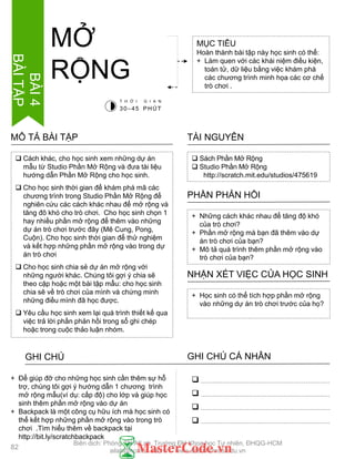  Cách khác, cho học sinh xem những dự án
mẫu từ Studio Phần Mở Rộng và đƣa tài liệu
hƣớng dẫn Phần Mở Rộng cho học sinh.
 Cho học sinh thời gian để khám phá mã các
chƣơng trình trong Studio Phần Mở Rộng để
nghiên cứu các cách khác nhau để mở rộng và
tăng đô khó cho trò chơi. Cho học sinh chọn 1
hay nhiều phần mở rộng để thêm vào những
dự án trò chơi trƣớc đây (Mê Cung, Pong,
Cuộn). Cho học sinh thời gian để thử nghiệm
và kết hợp những phần mở rộng vào trong dự
án trò chơi
 Cho học sinh chia sẻ dự án mở rộng với
những ngƣời khác. Chúng tôi gợi ý chia sẽ
theo cặp hoặc một bài tập mẫu: cho học sinh
chia sẽ về trò chơi của mình và chứng minh
những điều mình đã học đƣợc.
 Yêu cầu học sinh xem lại quá trình thiết kế qua
việc trả lời phần phản hồi trong sổ ghi chép
hoặc trong cuộc thảo luận nhóm.
MÔ TẢ BÀI TẬP
MỤC TIÊU
Hoàn thành bài tập này học sinh có thể:
+ Làm quen với các khái niệm điều kiện,
toán tử, dữ liệu bằng việc khám phá
các chƣơng trình minh họa các cơ chế
trò chơi .
MỞ
RỘNG
 Sách Phần Mở Rộng
 Studio Phần Mở Rộng
http://scratch.mit.edu/studios/475619
TÀI NGUYÊN
+ Những cách khác nhau để tăng độ khó
của trò chơi?
+ Phần mở rộng mà bạn đã thêm vào dự
án trò chơi của bạn?
+ Mô tả quá trình thêm phần mở rộng vào
trò chơi của bạn?
PHẦN PHẢN HỒI
+ Học sinh có thể tích hợp phần mở rộng
vào những dự án trò chơi trƣớc của họ?
NHẬN XÉT VIỆC CỦA HỌC SINH
GHI CHÚ GHI CHÚ CÁ NHÂN




+ Để giúp đỡ cho những học sinh cần thêm sự hỗ
trợ, chúng tôi gợi ý hƣớng dẫn 1 chƣơng trình
mở rộng mẫu(ví dụ: cấp độ) cho lớp và giúp học
sinh thêm phần mở rộng vào dự án
+ Backpack là một công cụ hữu ích mà học sinh có
thể kết hợp những phần mở rộng vào trong trò
chơi .Tìm hiểu thêm về backpack tại
http://bit.ly/scratchbackpack
T H Ờ I G I A N
30–45 PHÚT
82
BÀI4
BÀITẬP
Biên dịch: Phòng TN AILab, Trƣờng ĐH Khoa học Tự nhiên, ĐHQG-HCM
ailab@hcmus.edu.vn - www.ailab.hcmus.edu.vn
 