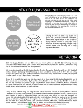 Sách này đƣợc phát triển bởi các thành viên của nhóm nghiên cứu Scratch Ed trại trƣờng Harvard
Graduate School of Education – gồm Christan Balch, Michelle Chung, và Karen Brennan. Jeff Hawson cung
cấp hỗ trợ chỉnh sửa và sự nhiệt tình không mệt mỏi.
Nội dung sách dựa trên phiên bản trƣớc của sách Creative Computing Guide (công bố năm 2011) và buổi
hội thảo Creative Computing Online Workshop (tổ chức năm 2013). Những sách đó đƣợc làm nên bởi sự
hỗ trợ của quỹ khoa học quốc gia National Science Foundation bằng trợ cấp DRL-1019396, chƣơng trình
Google CS4HS, và quỹ Code-to-Learn Foundation.
Chúng tôi vô cùng trân trọng các nhà giáo dục, ngƣời đã sử dụng các phiên bản trƣớc của giáo trình này và
tham gia vào các buổi workshop. Cụ thể, chúng tôi muốn cảm ơn các nhà giáo dục đã kiểm tra sách bản
đầu tiên một cách rộng rãi (Russell Clough, Judy Hoffman, Kara Kestner, Alvin Kroon, Melissa Nordmann,
và Tyson Spraul) và các nhà giáo dục đã xem qua sách hiện tại (Ingrid Gustafson, Megan Haddadi, Keledy
Kenkel, Adam Scharfenberger, và LeeAnn Wells).
Chúng tôi cũng rất trân trọng các cộng tác viên. Chúng tôi muốn cảm ơn tới Wendy Martin, Francisco
Cervantes, và Bill Tally từ trung tâm Education Development Center’s Center for Children & Technology, và
Mitch Resnick từ phòng thí nghiệm MIT Media Lab cho những cống hiến to lớn trong việc phát triển môi
trƣờng tính toán và các sách. Chúng tôi muốn cảm ơn tới các thực tập viên tại trƣờng Harvard Graduate
School of Education, những ngƣời đã cống hiến cho sự phát triển của sách qua suốt 7 năm từ phiên bản
đầu tiên năm 2011, bao gồm Vanity Gee, Vanessa Gennarelli, Mylo Lam, Tomoko Matsukawa, Aaron
Morris, Matthew Ong, Roshanak Razavi, Mary Jo Madda, Eric Schilling, và Elizabeth Woodbury.
Dùng nhiều
hoặc ít tùy
bạn
Thiết kế các
bài tập mới
Phối hợp
các bài tập
bên trong
Chọn cuộc
khám phá
của chính
bạn!
Chúng tôi động viên bạn sử dụng nhiều hoặc ít tùy ý bạn,
nhằm thiết kế các bài tập mới, và để phối hợp lại các bài
tập đƣợc đề xuất. Không yêu cầu kinh nghiệm của bạn,
chúng tôi cho rằng mỗi nhà giáo dục nhƣ những ngƣời
cùng thiết kế trải nghiệm lập trình sáng tạo. Chúng tôi rất
vui khi biết thứ bạn đang làm, nhƣ vậy, chúng tôi ủng hộ
các bạn ghi chép lại và chia sẻ trải nghiệm với chúng tôi và
với các nhà giáo dục khác qua cộng đồng ScratchEd tại
http://scratched.gse.harvard.edu
Chúng tôi đƣa ra sách này dƣới bản
quyền bởi Creative Commons Attribution-
ShareAlike, nghĩa là bạn có thể tự do sử
dụng, thay đổi và chia sẻ công việc, cũng
nhƣ bạn đề ra những cống hiến phù hợp
và cho ngƣời khác sử dụng bất kì công
việc khác kéo theo.
5
NÊN SỬ DỤNG SÁCH NHƢ THẾ NÀO?
VỀ TÁC GIẢ
Biên dịch: Phòng TN AILab, Trƣờng ĐH Khoa học Tự nhiên, ĐHQG-HCM
ailab@hcmus.edu.vn - www.ailab.hcmus.edu.vn
 