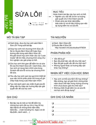 MỤC TIÊU
Hoàn thành bài tập này học sinh có thể:
+ Nghiên cứu vấn đề và tìm ra hƣớng
giải quyết cho 5 thử thách sửa lỗi
+ Khám phá các khái niệm(điều
kiện,toán tử và dữ liệu) thông qua việc
áp dụng kiểm tra và sửa lỗi.
SỬA LỖI!
 Sách Bài 4 Sửa Lỗi!
 Studio Bài 4 Sửa Lỗi!
http://scratch.mit.edu/studios/475634
TÀI NGUYÊN
 Cách khác, đƣa cho học sinh sách Bài 4
Sửa Lỗi! Trong suốt bài tập
 Giúp học sinh mở chƣơng trình Sửa Lỗi
Nó từ Studio Bài 4 Sửa Lỗi! hoặc theo
đƣờng dẫn trong sách Bài 4 Sửa Lỗi! .
Khuyến khích học sinh nhấn vào nút “Look
Inside” để tìm hiểu chƣơng trình cũng nhƣ
thử nghiệm các giải pháp có thể .
 Cho học sinh thời gian để kiểm tra và sửa
lỗi của thử thách Sửa Lỗi!. Cách khác, cho
học sinh sử dụng hàm chỉnh sửa trong
Scratch để sửa lỗi và lƣu lại chƣơng trình
đã sửa.
 Yêu cầu học sinh xem lại quá trình thiết kế
qua việc trả lời phần phản hồi trong sổ ghi
chép hoặc trong cuộc thảo luận nhóm
 Tạo một danh sách các chiến thuật sửa lỗi
bằng việc thu thập các hƣớng tiếp cận giải
quyết vấn đề của học sinh
MÔ TẢ BÀI TẬP
+ Vấn đề là gì?
+ Bạn đã phát hiện vấn đề nhƣ thế nào?
+ Bạn đã giải quyết vấn đề nhƣ thế nào?
+ Những ngƣời khác có hƣớng tiếp cận
khác hay không?
PHẦN PHẢN HỒI
+ Học sinh có thể sửa hết 5 lỗi hay không?
Nếu không, bạn sẽ giải thích những khái
niệm đƣợc thể hiện trong những chƣơng
trình chƣa đƣợc giải nhƣ thế nào?
+ Những chiến thuật kiểm tra và sửa lỗi
mà học sinh đã áp dụng?
NHẬN XÉT VIỆC CỦA HỌC SINH
GHI CHÚ GHI CHÚ CÁ NHÂN




+ Bài tập này là một cơ hội để kiểm tra
những học sinh cần sự chú ý hay hỗ trợ,
đặc biệt là về những khái niệm điều
kiện(nếu…) toán tử(cộng trừ, logic) và dữ
liệu(biến, danh sách,…)
T H Ờ I G I A N
15–30 PHÚT
86
BÀI4
BÀITẬP
Biên dịch: Phòng TN AILab, Trƣờng ĐH Khoa học Tự nhiên, ĐHQG-HCM
ailab@hcmus.edu.vn - www.ailab.hcmus.edu.vn
 