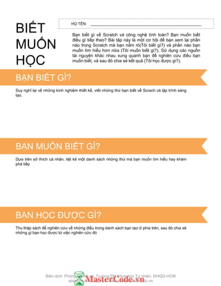 HỌ TÊN: ____________________________________________________
Bạn biết gì về Scratch và công nghệ tính toán? Bạn muốn biết
điều gì tiếp theo? Bài tập này là một cơ hội để bạn xem lại phần
nào trong Scratch mà bạn nắm rõ(Tôi biết gì?) và phần nào bạn
muốn tìm hiểu hơn nữa (Tôi muốn biết gì?). Sử dụng các nguồn
tài nguyên khác nhau xung quanh bạn để nghiên cứu điều bạn
muốn biết, và sau đó chia sẻ kết quả (Tôi học đƣợc gì?).
TIPS & TRICKS
BẠN BIẾT GÌ?
Suy nghĩ lại về những kinh nghiệm thiết kế, viết những thứ bạn biết về Scrach và lập trình sáng
tạo.
BẠN MUỐN BIẾT GÌ?
Dựa trên sở thích cá nhân, liệt kê một danh sách những thứ mà bạn muốn tìm hiểu hay khám
phá tiếp
Thu thập sách để nghiên cứu về những điều trong danh sách bạn tạo ở phía trên, sau đó chia sẻ
những gì bạn học đƣợc từ việc nghiên cứu đó
BIẾT
MUỐN
HỌC
BẠN HỌC ĐƢỢC GÌ?
Biên dịch: Phòng TN AILab, Trƣờng ĐH Khoa học Tự nhiên, ĐHQG-HCM
ailab@hcmus.edu.vn - www.ailab.hcmus.edu.vn
 