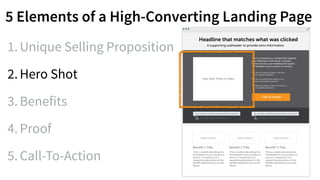 5 Elements of a High-Converting Landing Page
1.Unique Selling Proposition
2.Hero Shot
3.Benefits
4.Proof
5.Call-To-Action
 
