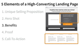 5 Elements of a High-Converting Landing Page
1.Unique Selling Proposition
2.Hero Shot
3.Benefits
4.Proof
5.Call-To-Action
 