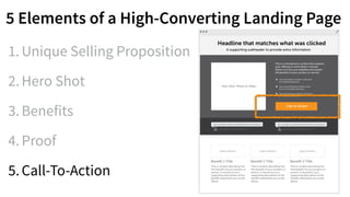 5 Elements of a High-Converting Landing Page
1.Unique Selling Proposition
2.Hero Shot
3.Benefits
4.Proof
5.Call-To-Action
 