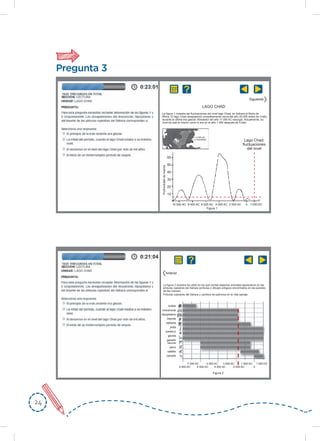 2424
Pregunta 3
Lago Chad:
ﬂuctuaciones
del nivel
LAGO CHAD
60
50
40
30
20
10
10 000 AC
Figura 1
Profundidaddemetros
8 000 AC 6 000 AC 4 000 AC 2 000 AC 1 000 DC0
4 000 AC
Actualidad
Siguiente
Figura 2
búfalo
rinoceronte
hipopótamo
bisonte
elefante
jirafa
avestruz
gacela
ganado
vacuno
perro
caballo
camello
8 000 AC
7 000 AC 5 000 AC 3 000 AC 1 000 AC 1 000 DC
6 000 AC 4 000 AC 2 000 AC 0
Anterior
La figura 1 muestra las ﬂuctuaciones del nivel lago Chad, en Sahara al Norte de
África. El lago Chad desapareció completamente cerca del año 20 000 antes de Cristo,
durante la última era glaciar. Alrededor del año 11 000 AC resurgió. Actualmente, su
nivel es casi el mismo como lo era en el año 1 000 después de Cristo.
La figura 2 muestra los años en los que ciertas especies animales aparecieron en las
pinturas rupestres del Sahara (pinturas o dibujos antiguos encontrados en las paredes
de las cuevas).
Pinturas rupestres del Sahara y cambios de patrones en la vida salvaje.
 