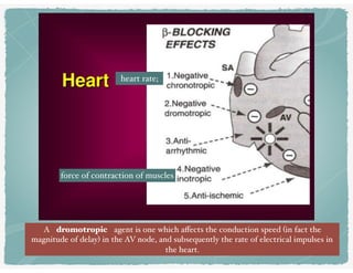 A dromotropic agent is one which aﬀects the conduction speed (in fact the
magnitude of delay) in the AV node, and subsequently the rate of electrical impulses in
the heart.
heart rate; 
force of contraction of muscles
 