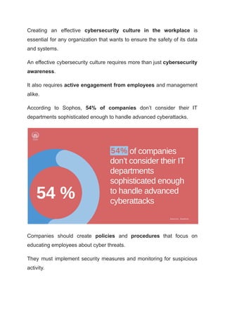 Creating an effective cybersecurity culture in the workplace is
essential for any organization that wants to ensure the safety of its data
and systems.
An effective cybersecurity culture requires more than just cybersecurity
awareness.
It also requires active engagement from employees and management
alike.
According to Sophos, 54% of companies don’t consider their IT
departments sophisticated enough to handle advanced cyberattacks.
Companies should create policies and procedures that focus on
educating employees about cyber threats.
They must implement security measures and monitoring for suspicious
activity.
 