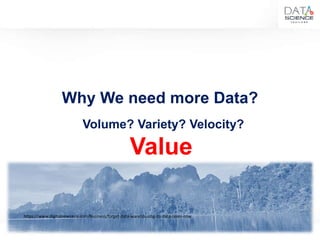 13
Why We need more Data?
https://www.digitalnewsasia.com/business/forget-data-warehousing-its-data-lakes-now
Volume? Variety? Velocity?
Value
 
