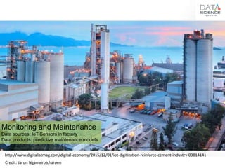 Monitoring and Maintenance
Data sources: IoT Sensors in factory
Data products: predictive maintenance models
http://www.electrex.it/en/news/600-automated-energy-management-system-a-enms-for-cement-production-plants.ht
http://www.digitalistmag.com/digital-economy/2015/12/01/iot-digitization-reinforce-cement-industry-03814141
Credit: Jarun Ngamvirojcharoen
 