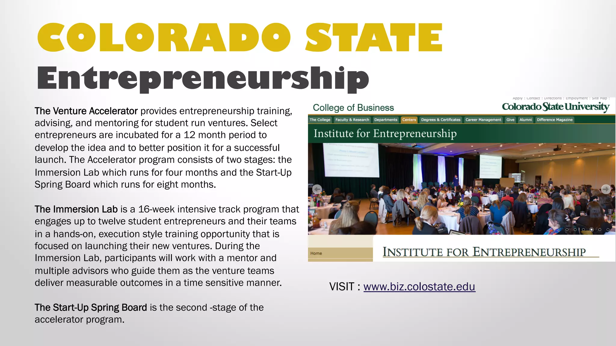 COLORADO STATE
Entrepreneurship
The Venture Accelerator provides entrepreneurship training,
advising, and mentoring for student run ventures. Select
entrepreneurs are incubated for a 12 month period to develop the
idea and to better position it for a successful launch. The
Accelerator program consists of two stages: the Immersion Lab
which runs for four months and the Start-Up Spring Board which
runs for eight months.
The Immersion Lab is a 16-week intensive track program that
engages up to twelve student entrepreneurs and their teams in a
hands-on, execution style training opportunity that is focused on
launching their new ventures. During the Immersion Lab,
participants will work with a mentor and multiple advisors who guide
them as the venture teams deliver measurable outcomes in a time
sensitive manner.
The Start-Up Spring Board is the second -stage of the accelerator
program.
VISIT: www.biz.colostate.edu
 