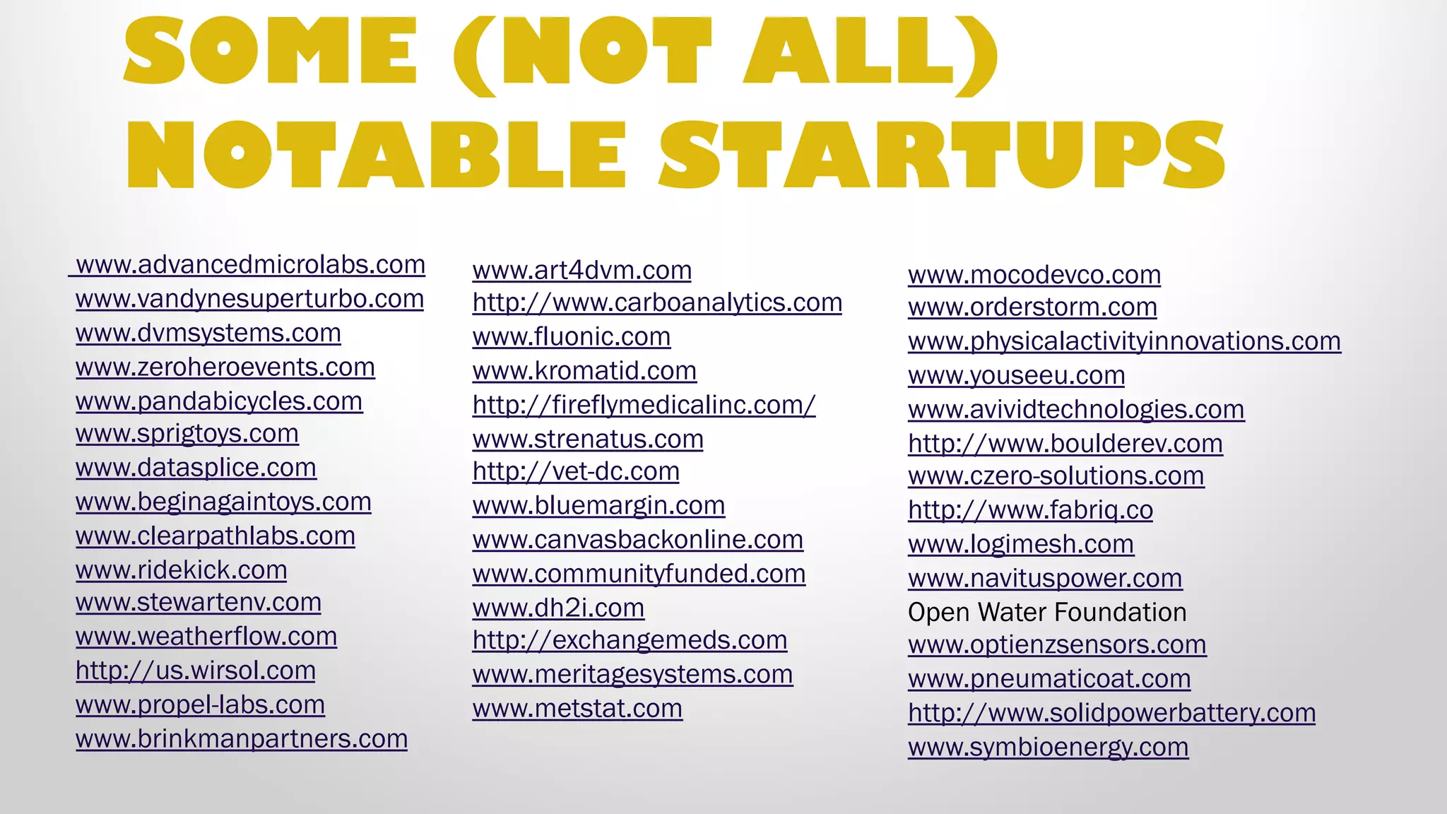 www.advancedmicrolabs.com
www.vandynesuperturbo.com
www.dvmsystems.com
www.zeroheroevents.com
www.pandabicycles.com
www.sprigtoys.com
www.datasplice.com
www.beginagaintoys.com
www.clearpathlabs.com
www.ridekick.com
www.stewartenv.com
www.weatherflow.com
http://us.wirsol.com
www.propel-labs.com
www.brinkmanpartners.com
SOME (NOT ALL)
NOTABLE STARTUPS
www.art4dvm.com
http://www.carboanalytics.com
www.fluonic.com
www.kromatid.com
http://fireflymedicalinc.com/
www.strenatus.com
http://vet-dc.com
www.vorticwatches.com
www.canvasbackonline.com
www.communityfunded.com
www.dh2i.com
http://exchangemeds.com
www.meritagesystems.com
www.metstat.com
www.mocodevco.com
www.orderstorm.com
www.physicalactivityinnovations.com
www.youseeu.com
www.avividtechnologies.com
http://www.boulderev.com
www.czero-solutions.com
http://www.fabriq.co
www.logimesh.com
www.navituspower.com
Open Water Foundation
www.optienzsensors.com
www.pneumaticoat.com
http://www.solidpowerbattery.com
www.symbioenergy.com
 