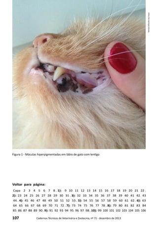 107 Cadernos Técnicos de Veterinária e Zootecnia, nº 71 - dezembro de 2013
Voltar para página:
Capa 2 3 4 5 6 7 8 . 1): 9 10 11 12 13 14 15 16 17 18 19 20 21 22 .
2): 23 24 25 26 27 28 29 30 31 . 3): 32 33 34 35 36 37 38 39 40 41 42 43
44 . 4): 45 46 47 48 49 50 51 52 53 . 5): 54 55 56 57 58 59 60 61 62 . 6): 63
64 65 66 67 68 69 70 71 72 . 7): 73 74 75 76 77 78 . 8): 79 80 81 82 83 84
85 86 87 88 89 90 . 9): 91 92 93 94 95 96 97 98 . 10): 99 100 101 102 103 104 105 106
Figura 1 - Máculas hiperpigmentadas em lábio de gato com lentigo
TathianaMourãodosAnjos
 