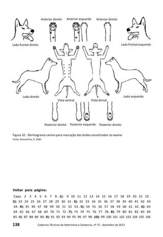 138 Cadernos Técnicos de Veterinária e Zootecnia, nº 71 - dezembro de 2013
Voltar para página:
Capa 2 3 4 5 6 7 8 . 1): 9 10 11 12 13 14 15 16 17 18 19 20 21 22 .
2): 23 24 25 26 27 28 29 30 31 . 3): 32 33 34 35 36 37 38 39 40 41 42 43
44 . 4): 45 46 47 48 49 50 51 52 53 . 5): 54 55 56 57 58 59 60 61 62 . 6): 63
64 65 66 67 68 69 70 71 72 . 7): 73 74 75 76 77 78 . 8): 79 80 81 82 83 84
85 86 87 88 89 90 . 9): 91 92 93 94 95 96 97 98 . 10): 99 100 101 102 103 104 105 106
Figura 32 - Dermograma canino para marcação das lesões encontradas no exame
Fonte: Ramadinha, R. 2000
Lado frontal direito
Anterior direito Anterior esquerdo Anterior direito
Lado frontal esquerdo
Lado direito
Vista ventral Vista dorsal
Lado esquerdo
Posterior direito Posterior esquerdo Posterior direito
 