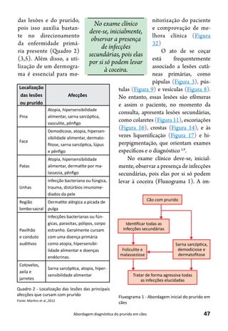 47Abordagem diagnóstica do prurido em cães
das lesões e do prurido,
pois isso auxilia bastan-
te no direcionamento
da enfermidade primá-
ria presente (Quadro 2)
(3,5). Além disso, a uti-
lização de um dermogra-
ma é essencial para mo-
nitorização do paciente
e comprovação de me-
lhora clínica (Figura
32)
O ato de se coçar
está frequentemente
associado a lesões cutâ-
neas primárias, como
pápulas (Figura 3), pús-
tulas (Figura 9) e vesículas (Figura 8).
No entanto, essas lesões são efêmeras
e assim o paciente, no momento da
consulta, apresenta lesões secundárias,
como colaretes (Figura 11), escoriações
(Figura 16), crostas (Figura 14), e às
vezes liquenificação (Figura 17) e hi-
perpigmentação, que orientam exames
específicos e o diagnóstico 5,9
.
No exame clínico deve-se, inicial-
mente, observar a presença de infecções
secundárias, pois elas por si só podem
levar à coceira (Fluxograma 1). A im-
Localização
das lesões
ou prurido
Afecções
Pina
Atopia, hipersensibilidade
alimentar, sarna sarcóptica,
vasculite, pênfigo
Face
Demodicose, atopia, hipersen-
sibilidade alimentar, dermato-
fitose, sarna sarcóptica, lúpus
e pênfigo
Patas
Atopia, hipersensibilidade
alimentar, dermatite por ma-
lassezia, pênfigo
Unhas	
Infecção bacteriana ou fúngica,
trauma, distúrbios imunome-
diados da pele
Região
lombo-sacral
Dermatite alérgica a picada de
pulga
Pavilhão
e conduto
auditivos
Infecções bacterianas ou fún-
gicas, parasitas, pólipos, corpo
estranho. Geralmente cursam
com uma doença primária
como atopia, hipersensibi-
lidade alimentar e doenças
endócrinas.
Cotovelos,
axila e
jarretes
Sarna sarcóptica, atopia, hiper-
sensibilidade alimentar
Quadro 2 - Localização das lesões das principais
afecções que cursam com prurido
Fonte: Martins et al.,2012
No exame clínico
deve-se, inicialmente,
observar a presença
de infecções
secundárias, pois elas
por si só podem levar
à coceira.
Fluxograma 1 - Abordagem inicial do prurido em
cães
Cão com prurido
IdenƟﬁcar todas as
infecções secundárias
Foliculite e
malasseziose
Sarna sarcópƟca,
demodiciose e
dermatoﬁtose
Tratar de forma agressiva todas
as infecções elucidadas
 