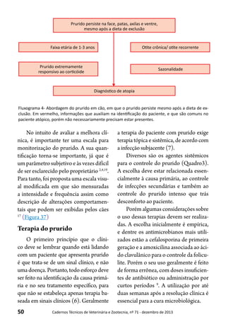 50 Cadernos Técnicos de Veterinária e Zootecnia, nº 71 - dezembro de 2013
Prurido persiste na face, patas, axilas e ventre,
mesmo após a dieta de exclusão
Faixa etária de 1-3 anos OƟte crônica/ oƟte recorrente
Prurido extremamente
responsivo ao corƟcóide
Sazonalidade
DiagnósƟco de atopia
No intuito de avaliar a melhora clí-
nica, é importante ter uma escala para
monitorização do prurido. A sua quan-
tificação torna-se importante, já que é
um parâmetro subjetivo e às vezes difícil
de ser esclarecido pelo proprietário 2,4,19
.
Para tanto, foi proposta uma escala visu-
al modificada em que são mensuradas
a intensidade e frequência assim como
descrição de alterações comportamen-
tais que podem ser exibidas pelos cães
17
(Figura 37)
Terapia do prurido
O primeiro princípio que o clíni-
co deve se lembrar quando está lidando
com um paciente que apresenta prurido
é que trata-se de um sinal clínico, e não
uma doença. Portanto, todo esforço deve
ser feito na identificação da causa primá-
ria e no seu tratamento específico, para
que não se estabeleça apenas terapia ba-
seada em sinais clínicos (6). Geralmente
Fluxograma 4- Abordagem do prurido em cão, em que o prurido persiste mesmo após a dieta de ex-
clusão. Em vermelho, informações que auxiliam na identificação do paciente, e que são comuns no
paciente atópico, porém não necessariamente precisam estar presentes.
a terapia do paciente com prurido exige
terapia tópica e sistêmica, de acordo com
a infecção subjacente (7).
Diversos são os agentes sistêmicos
para o controle do prurido (Quadro3).
A escolha deve estar relacionada essen-
cialmente à causa primária, ao controle
de infecções secundárias e também ao
controle do prurido intenso que trás
desconforto ao paciente.
Porém algumas considerações sobre
o uso dessas terapias devem ser realiza-
das. A escolha inicialmente é empírica,
e dentre os antimicrobianos mais utili-
zados estão a cefalosporina de primeira
geração e a amoxicilina associada ao áci-
do clavulânico para o controle da folicu-
lite. Porém o seu uso geralmente é feito
de forma errônea, com doses insuficien-
tes de antibiótico ou administração por
curtos períodos 9
. A utilização por até
duas semanas após a resolução clínica é
essencial para a cura microbiológica.
 