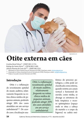 54 Cadernos Técnicos de Veterinária e Zootecnia, nº 71 - dezembro de 2013
Carolina Boesel Scherer* - CRMV-MG 13.722,
Rodrigo dos Santos Horta** - CRVM-MG11.669,
Adriane Pimenta da Costa Val*** - CRMV-MG 4331
*	 Mestranda em Ciência Animal, Escola de Veterinária da UFMG. Email para contato: cbscherer@gmail.com
**	 Doutorando em Ciência Animal pela Escola de Veterinária da UFMG. Email para contato: rodrigohvet@gmail.com,
***	 Professor Associado I, Escola de Veterinária da UFMG
Otite externa em cães
bigstockphoto.com
Introdução
Otite é a inflamação
do revestimento epitelial
do meato auditivo, relati-
vamente frequente na ro-
tina clínica médica de pe-
quenos animais, podendo
atingir 20% dos casos
atendidos em um serviço
ambulatorial1,2,3
. De acor-
do com a localização ana-
tômica do processo pa-
tológico, a otite pode ser
classificada como externa,
quando restrita aos canais
vertical e horizontal do
ouvido; como média, se
abrange as estruturas da
bula timpânica e reces-
so epitimpânico (espaço
onde se situa a cabeça
do martelo e o corpo da
bigorna) na cadeia ossi-
Otite é a inflamação
revestimento epitelial
do meato auditivo,
relativamente
frequente na rotina
clínica médica de
pequenos animais,
podendo atingir 20%
dos casos atendidos
em um serviço
ambulatorial.
 