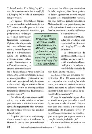 70 Cadernos Técnicos de Veterinária e Zootecnia, nº 71 - dezembro de 2013
23
. Enrofloxacino (5 a 20mg/kg VO a
cada 24 horas) ou marbofloxacino (2,75
a 5,5mg/kg PO a cada 24 horas) pode
ser apropriado3
.
Os agentes terapêuticos tópicos
devem ser usados cuidadosamente se a
MT estiver rompida, pois muitas dro-
gas possuem potencial ototóxico, que
podem causar surdez agu-
da e sinais vestibulares1
.
Numerosas formulações
tópicas estão disponíveis,
tais como: sulfato de neo-
micina, sulfato de polimi-
xina B e hidrocortisona;
sulfato de gentamicina
e betametasona; tiaben-
dazol, dexametasona e
sulfato de neomicina, no
entanto essas medicações
sãotodasclassificadasparaousoemMT
intacta3
. Os agentes ototóxicos incluem
os aminoglicosídeos (gentamicina e ne-
omicina), cloranfenicol, iodo, iodóforos
e clorexidine1
. Alguns antimicrobianos
sistêmicos, como os aminoglicosídeos
também são ototóxicos e devem ser usa-
dos com cautela3,4
.
Em adição, algumas soluções oftál-
micas, como a tobramicina ou as solu-
ções injetáveis, a enrofloxacino podem
ser usadas topicamente, mas, novamen-
te, seu potencial ototóxico não está bem
estabelecido3
.
Os gatos parecem ser mais suscep-
tíveis a ototoxidade e à síndrome de
Horner do que os cães, provavelmente,
por causa das diferenças anatômicas
da bula timpânica, além disso, pacien-
tes felinos apresentam maiores reações
alérgicas aos medicamentos tópicos,
por estes motivos, quando bactérias ou
Malassezia estiverem presentes no gato,
medicações sistêmicas devem ser consi-
deradas, mesmo se o ouvido médio não
estiver envolvido24
.
Em casos de OM, cau-
sadas por leveduras, usar
cetoconazol ou itracona-
zol (5mg/kg VO a cada
24 horas)3,4
.
A administração de
agentes antibióticos e/ou
antifúngicos deve ser fei-
ta até a resolução clínica,
citológica e de cultura e
sensibilidade acrescida de
mais duas a quatro semanas3
.
Medicações tópicas alcançam con-
centrações 100 a 1000 vezes mais altas
se comparadas com medicações sistê-
micas, portanto, um antibiótico consi-
derado resistente na cultura e teste de
susceptibilidade pode ser eficaz se ad-
ministrado topicamente4,23
.
O uso da medicação tópica deve
ser o suficiente para preencher o canal
do ouvido e a cada 12 horas3
. Em ani-
mais com otite crônica é necessário a
continuação do tratamento tópico e/
ou sistêmico, por semanas ou por até al-
guns meses, para que se possa alcançar a
completa resolução da infecção3
.
Os antimicrobianos sistêmicos são
Os agentes
terapêuticos tópicos
devem ser usados
cuidadosamente se a
MT estiver rompida,
pois muitas drogas
possuem potencial
ototóxico, que podem
causar surdez aguda e
sinais vestibulares.
 