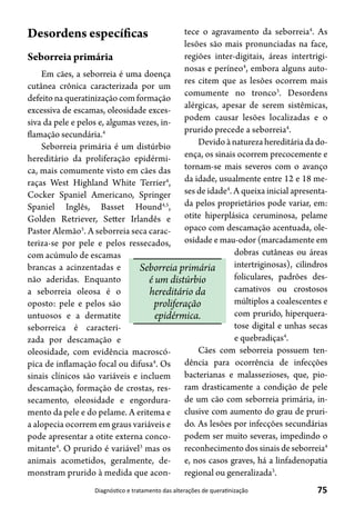 75Diagnóstico e tratamento das alterações de queratinização
Desordens específicas
Seborreia primária
Em cães, a seborreia é uma doença
cutânea crônica caracterizada por um
defeito na queratinização com formação
excessiva de escamas, oleosidade exces-
siva da pele e pelos e, algumas vezes, in-
flamação secundária.4
Seborreia primária é um distúrbio
hereditário da proliferação epidérmi-
ca, mais comumente visto em cães das
raças West Highland White Terrier4
,
Cocker Spaniel Americano, Springer
Spaniel Inglês, Basset Hound4,5
,
Golden Retriever, Setter Irlandês e
Pastor Alemão5
. A seborreia seca carac-
teriza-se por pele e pelos ressecados,
com acúmulo de escamas
brancas a acinzentadas e
não aderidas. Enquanto
a seborreia oleosa é o
oposto: pele e pelos são
untuosos e a dermatite
seborreica é caracteri-
zada por descamação e
oleosidade, com evidência macroscó-
pica de inflamação focal ou difusa4
. Os
sinais clínicos são variáveis e incluem
descamação, formação de crostas, res-
secamento, oleosidade e engordura-
mento da pele e do pelame. A eritema e
a alopecia ocorrem em graus variáveis e
pode apresentar a otite externa conco-
mitante4
. O prurido é variável3
mas os
animais acometidos, geralmente, de-
monstram prurido à medida que acon-
tece o agravamento da seborreia4
. As
lesões são mais pronunciadas na face,
regiões inter-digitais, áreas intertrigi-
nosas e períneo4
, embora alguns auto-
res citem que as lesões ocorrem mais
comumente no tronco3
. Desordens
alérgicas, apesar de serem sistêmicas,
podem causar lesões localizadas e o
prurido precede a seborreia4
.
Devidoànaturezahereditáriadado-
ença, os sinais ocorrem precocemente e
tornam-se mais severos com o avanço
da idade, usualmente entre 12 e 18 me-
ses de idade4
. A queixa inicial apresenta-
da pelos proprietários pode variar, em:
otite hiperplásica ceruminosa, pelame
opaco com descamação acentuada, ole-
osidade e mau-odor (marcadamente em
dobras cutâneas ou áreas
intertriginosas), cilindros
foliculares, padrões des-
camativos ou crostosos
múltiplos a coalescentes e
com prurido, hiperquera-
tose digital e unhas secas
e quebradiças4
.
Cães com seborreia possuem ten-
dência para ocorrência de infecções
bacterianas e malassezioses, que, pio-
ram drasticamente a condição de pele
de um cão com seborreia primária, in-
clusive com aumento do grau de pruri-
do. As lesões por infecções secundárias
podem ser muito severas, impedindo o
reconhecimento dos sinais de seborreia4
e, nos casos graves, há a linfadenopatia
regional ou generalizada3
.
Seborreia primária
é um distúrbio
hereditário da
proliferação
epidérmica.
 