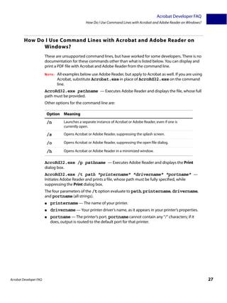 Acrobat Developer FAQ
                                                 How Do I Use Command Lines with Acrobat and Adobe Reader on Windows?



         How Do I Use Command Lines with Acrobat and Adobe Reader on
               Windows?
                        These are unsupported command lines, but have worked for some developers. There is no
                        documentation for these commands other than what is listed below. You can display and
                        print a PDF file with Acrobat and Adobe Reader from the command line.
                        NOTE:   All examples below use Adobe Reader, but apply to Acrobat as well. If you are using
                                Acrobat, substitute Acrobat.exe in place of AcroRd32.exe on the command
                                line.
                        AcroRd32.exe pathname — Executes Adobe Reader and displays the file, whose full
                        path must be provided.
                        Other options for the command line are:

                         Option Meaning
                         /n         Launches a separate instance of Acrobat or Adobe Reader, even if one is
                                    currently open.

                         /s         Opens Acrobat or Adobe Reader, suppressing the splash screen.

                         /o         Opens Acrobat or Adobe Reader, suppressing the open file dialog.

                         /h         Opens Acrobat or Adobe Reader in a minimized window.


                        AcroRd32.exe /p pathname — Executes Adobe Reader and displays the Print
                        dialog box.
                        AcroRd32.exe /t path "printername" "drivername" "portname" —
                        Initiates Adobe Reader and prints a file, whose path must be fully specified, while
                        suppressing the Print dialog box.
                        The four parameters of the /t option evaluate to path, printername, drivername,
                        and portname (all strings).
                        ●   printername — The name of your printer.
                        ●   drivername — Your printer driver’s name, as it appears in your printer’s properties.
                        ●   portname — The printer’s port. portname cannot contain any "/" characters; if it
                            does, output is routed to the default port for that printer.




Acrobat Developer FAQ                                                                                                   27
 