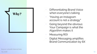 Why?
▫ Differentiating Brand Voice
when everyone’s talking
▫ “Having an Instagram
account is not a strategy”
▫ Going beyond the obvious:
Your Campaign is what the
Algorithm makes it
▫ Measuring ROI
▫ Digital Messaging amplifies
Brand Communication by 6X
13
Source: LinkedIn Internal Data,
Q3, 2018
 