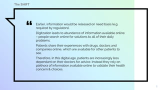 “ Earlier, information would be released on need basis (e.g.
required by regulators).
Digitzation leads to abundance of information available online
– people search online for solutions to all of their daily
problems.
Patients share their experiences with drugs, doctors and
companies online, which are available for other patients to
see.
Therefore, in this digital age, patients are increasingly less
dependant on their doctors for advice. Instead they rely on
plethora of information available online to validate their health
concern & choices.
5
The SHIFT
 