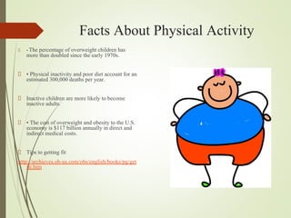Facts About Physical Activity
• The percentage of overweight children has
more than doubled since the early 1970s.
• Physical inactivity and poor diet account for an
estimated 300,000 deaths per year.
Inactive children are more likely to become
inactive adults.
• The cost of overweight and obesity to the U.S.
economy is $117 billion annually in direct and
indirect medical costs.
Tips to getting fit
http://archieves.ob-us.com/obs/english/books/pg/get
fit.htm
 