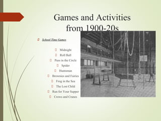 Games and Activities
from 1900-20s
School Time Games
Midnight
Roll Ball
Puss in the Circle
Spider
Huntsman
Brownies and Fairies
Frog in the Sea
The Lost Child
Run for Your Supper
Crows and Cranes
 