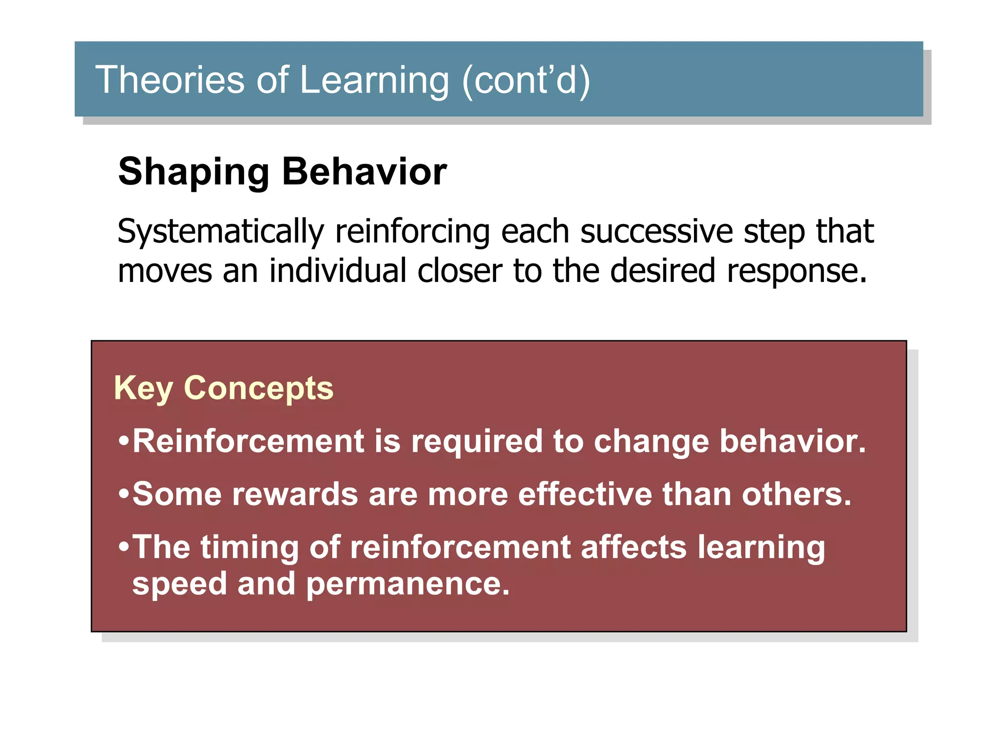 Theories of Learning (cont’d)
Key Concepts
•Reinforcement is required to change behavior.
•Some rewards are more effective than others.
•The timing of reinforcement affects learning
speed and permanence.
Shaping Behavior
Systematically reinforcing each successive step that
moves an individual closer to the desired response.
 