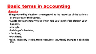 Basic terms in accounting
Assets
Things owned by a business are regarded as the resources of the business
or the assets of...