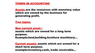 TERMS IN ACCOUNTING
Assets are the resources with monetary value
which are owned by the business for
generating profit.
Tw...