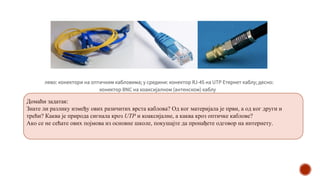 Домаћи задатак:
Знате ли разлику између ових разичитих врста каблова? Од ког материјала je први, a од ког други и
трећи? Каква је природа сигнала кроз UTP и коаксијалне, а каква кроз оптичке каблове?
Ако се не сећате ових појмова из основне школе, покушајте да пронађете одговор на интернету.
 