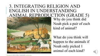 3. INTEGRATING RELIGION AND
ENGLISH IN UNDERSTANDING
ANIMAL REPRODUCTION (GRADE 5)
This Photo by Unknown Author is licensed under CC BY-NC-ND
Why do you think did
Noah pick a pair of each
kind of animal?
What do you think will
happen to the animals if
Noah only picked 1
animal of each kind?
 