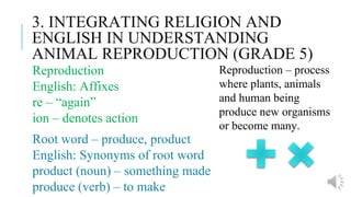 3. INTEGRATING RELIGION AND
ENGLISH IN UNDERSTANDING
ANIMAL REPRODUCTION (GRADE 5)
Reproduction
English: Affixes
re – “again”
ion – denotes action
Root word – produce, product
English: Synonyms of root word
product (noun) – something made
produce (verb) – to make
Reproduction – process
where plants, animals
and human being
produce new organisms
or become many.
 