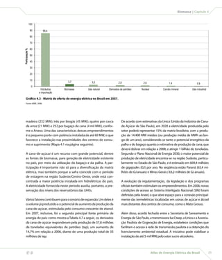Biomassa | Capítulo 4 
Atlas de Energia Elétrica do Brasil 71 
Participação % 
100 
90 
80 
70 
60 
50 
40 
30 
20 
10 
0 
85,4 
Hidráulica 
e importação 
madeira (232 MW); três por biogás (45 MW); quatro por casca 
de arroz (21 MW) e 252 por bagaço de cana (4 mil MW), confor-me 
o Anexo. Uma das características desses empreendimentos 
é o pequeno porte com potência instalada de até 60 MW, o que 
favorece a instalação nas proximidades dos centros de consu-mo 
e suprimento (Mapa 4.1 na página seguinte). 
A cana-de-açúcar é um recurso com grande potencial, dentre 
as fontes de biomassa, para geração de eletricidade existente 
no país, por meio da utilização do bagaço e da palha. A par-ticipação 
é importante não só para a diversificação da matriz 
elétrica, mas também porque a safra coincide com o período 
de estiagem na região Sudeste/Centro-Oeste, onde está con-centrada 
a maior potência instalada em hidrelétricas do país. 
A eletricidade fornecida neste período auxilia, portanto, a pre-servação 
dos níveis dos reservatórios das UHEs. 
Vários fatores contribuem para o cenário de expansão. Um deles é 
o volume já produzido e o potencial de aumento da produção da 
cana-de-açúcar, estimulada pelo consumo crescente de etanol. 
Em 2007, inclusive, foi a segunda principal fonte primária de 
energia do país: como mostra a Tabela 4.7 a seguir, os derivados 
da cana-de-açúcar responderam pela produção de 37,8 milhões 
de toneladas equivalentes de petróleo (tep), um aumento de 
14,7% em relação a 2006, diante de uma produção total de 33 
milhões de tep. 
2,8 
Derivados de petróleo 
2,6 
Nuclear 
0,9 
Gás industrial 
3,7 
Biomassa 
3,2 
Gás natural 
1,4 
Carvão mineral 
Gráfico 4.3 - Matriz de oferta de energia elétrica no Brasil em 2007. 
Fonte: MME, 2008. 
De acordo com estimativas da Unica (União da Indústria de Cana-de- 
Açúcar de São Paulo), em 2020 a eletricidade produzida pelo 
setor poderá representar 15% da matriz brasileira, com a produ-ção 
de 14.400 MW médios (ou produção média de MWh ao lon-go 
de um ano), considerando-se tanto o potencial energético da 
palha e do bagaço quanto a estimativa de produção da cana, que 
deverá dobrar em relação a 2008, e atingir 1 bilhão de toneladas. 
Segundo o Plano Nacional de Energia 2030, o maior potencial de 
produção de eletricidade encontra-se na região Sudeste, particu-larmente 
no Estado de São Paulo, e é estimado em 609,4 milhões 
de gigajoules (GJ) por ano. Na seqüência estão Paraná (65,4 mi-lhões 
de GJ anuais) e Minas Gerais ( 63,2 milhões de GJ anuais). 
A evolução da regulamentação, da legislação e dos programas 
oficiais também estimulam os empreendimentos. Em 2008, novas 
condições de acesso ao Sistema Interligado Nacional (SIN) foram 
definidas pela Aneel, o que abre espaço para a conexão principal-mente 
das termelétricas localizadas em usinas de açúcar e álcool 
mais distantes dos centros de consumo, como o Mato Grosso. 
Além disso, acordo fechado entre a Secretaria de Saneamento e 
Energia de São Paulo, a transmissora Isa Cteep, a Unica e a Associa-ção 
Paulista de Cogeração de Energia, estabelece condições que 
facilitam o acesso à rede de transmissão paulista e a obtenção do 
licenciamento ambiental estadual. A iniciativa pode viabilizar a 
instalação de até 5 mil MW pelo setor sucro-alcooleiro. 
 