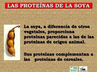 LAS PROTEÍNAS DE LA SOYA


    La soya, a diferencia de otros
    vegetales, proporciona
    proteínas parecidas a las de las
    proteínas de origen animal.

    Sus proteínas complementan a
    las proteínas de cereales.
 