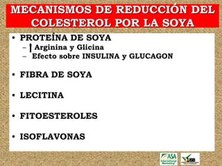 MECANISMOS DE REDUCCIÓN DEL
  COLESTEROL POR LA SOYA
• PROTEÍNA DE SOYA
  – Arginina y Glicina
  – Efecto sobre INSULINA y GLUCAGON

• FIBRA DE SOYA

• LECITINA

• FITOESTEROLES

• ISOFLAVONAS
 