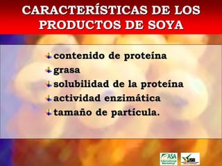 CARACTERÍSTICAS DE LOS
  PRODUCTOS DE SOYA

   contenido de proteína
   grasa
   solubilidad de la proteína
   actividad enzimática
   tamaño de partícula.
 
