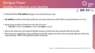 Dengue Fever:
Global incidence and deaths
• Estimated that 390 million dengue virus infections per year
• 96 million manifest clinically (with any severity of disease) with 70% of actual burden is in Asia.
• Increasing incidence 8-fold over the last 20 years.
• 505,430 in 2000 > 2.4 million in 2010> 5.2 million in 2019.
• Africa, the Americas, the Eastern Mediterranean, South-East Asia and the Western Pacific.
• The Americas, South-East Asia and Western Pacific regions are the most seriously affected, with Asia
representing ~70% of the global burden of disease.
Bhatt, S., et al., The global distribution and burden of dengue. Nature, 2013. 496(7446): p. 504–507.
 