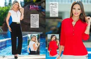 56
Bbl
57
Bbl
$: 58.999
Manga corta, cierre
en frente, pantalón
bota recta y combi-
nación de telas.
ELABORADO EN:
CHALIS
COLOR: NEGRO
TALLAS: S - M - L
ENTERIZO LARGO
271083
LAURENCERef:
$: 39.999
Manga 3/4, cuello
nerú, y botones en
frente.
ELABORADO EN:
CHALIS
COLOR: ROJO
TALLAS: S - M - L
Blusa
012472
NIDORINARef:
XL: $: 41.999
 