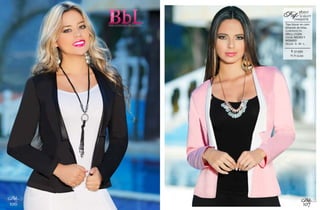 106
Bbl
107
Bbl
$: 52.999
Tipo blazer en com-
binación de telas.
ELABORADO EN:
DRILL LYCRA
COLOR: NEGRO Y
ROSADO
TALLAS: S - M - L
CHAQUETA
381027
SCARLETTRef:
XL: $: 54.999
 