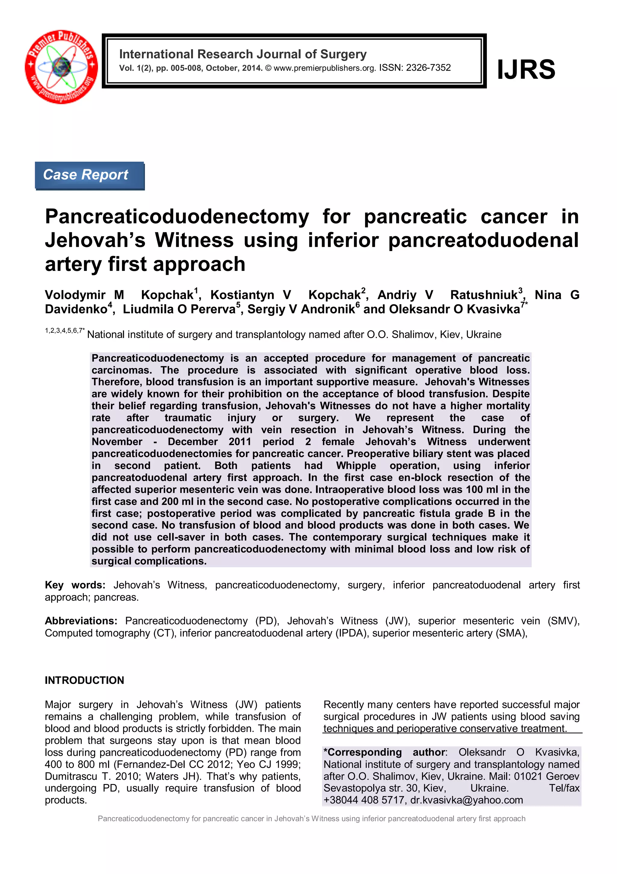 Pancreaticoduodenectomy for pancreatic cancer in Jehovah’s Witness ...