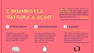 1 Experiência 2 Sensibilidade 3 "Karma"
❝ Te r e m p a t i a n ã o s i g n i f i c a
necessariamente que vamos querer
ajudar alguém em necessidade, porém é
geralmente um primeiro passo vital para
uma ação ‘generosa' ❞
E QUANDO ELA
VAI PARA A AÇÃO?
E QUANDO ELA
VAI PARA A AÇÃO? ⟪ Greater Good in Action, Universidade de Berkeley ⟫
“Quando eu vi a cena da
mulher humilhando a outra eu
na hora me lembrei de quando
eu estava naquela situação e
não consegui ﬁcar quieta”
“Tem uma coisa de se colocar no
lugar do outro e ajudar que faz
bem. Eu me sinto bem e sei que
quando eu faço bem pras
pessoas também estou
chamando coisas boas para mim”
“Eu não sei explicar porque,
mas velhinhos me despertam
isso… preciso fazer alguma
coisa. Talvez eu lembre do
meu avô, mas não é só isso.
Pega no meu calo”
 