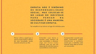 Empatia não é sinônimo
d e r e s p o n s a b i l i d a d e
social, mas COLOCAR-SE
no lugar do indivíduo
p a r a p e n s a r n a
sociedade é uma maneira
de cultivar empatia.
Ser empático é se colocar no lugar do indivíduo para:
Entender suas dores e
tensões como membro de
uma sociedade e oferecer
a l g o e m t r o c a c o m o
empresa, uma vez que ela
depende do indivíduo para a
sua existência como marca.
Compreender o quanto suas
ações corporativas podem
transformar o contexto
social que o indivíduo está
inserido antes dele se tornar
um consumidor.
Pensar sobre o papel que a
marca ocupa frente e dentro
de uma sociedade, sendo
essa de consumo ou não.
21 3
 