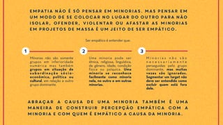 Empatia não é só pensar em minorias. Mas pensar em
um modo de se colocar no lugar do outro para não
isolar, ofender, violentar ou afastar as minorias
em projetos de massa é um jeito de ser empático.
Minorias não são somente
grupos em inferioridade
numérica mas também
grupos em situação de
s u b o rd i n a ç ã o s ó c i o -
econômica, política ou
cultural, em relação a outro
grupo dominante.
Uma minoria pode ser
étnica, religiosa, linguística,
de gênero, idade, condição
física ou psíquica. Uma
minoria se reconhece
facilmente como minoria
nela, no outro e em outras
minorias.
M i n o r i a s n ã o s ã o
n e c e s s a r i a m e n t e
perseguidas pelo grupo
dominante, mas muitas
vezes são ignoradas.
Segmentar um target não
deve ser entendido como
excluir quem está fora
dele.
Abraçar a causa de uma minoria também é uma
maneira de construir percepção empática com a
minoria e com quem é empático a causa da minoria.
Ser empático é entender que:
21 3
 