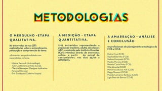 O MERGULHO -Etapa
qualitativa.
80 entrevistas de rua (SP)
exploratórias sobre o entendimento,
percepção e compreensão do tema.
4 Entrevista em profundidade com
especialistas no tema:
- Hilaine Yaccoub (Antropóloga),
- Tulio Custódio (Cientista Social),
- Claudia Niemeyer (Designer Aplicativo
Personal Heroes)
- Eric Eustáquio (Coletivo Utopia)
A MEDIçÃO - Etapa
quantitativa.
1292 entrevistas representando a
população brasileira, adulta, das classes
ABC, conduzido pelo Instituto Quantas
(Karla Mendes) através de entrevistas
online, a partir de painel de
consumidores, nos dias 25/06 a
07/07/2015.
A AMARRAÇÃO - Análise
e Conclusão
10 profissionais de planejamento estratégico da
FCB e CO.R:
Pedro Cruz (FCB)
Raphael Barreto (FCB)
Nelson Kuniyoshi (FCB)
Marilia Moreira (FCB)
Renata Costa Pinto (FCB)
Rita Almeida (CO.R)
Mariana Loducca Kok (CO.R)
Diego Dumont (CO.R)
Maeda Camarcio Barbosa (CO.R)
Ligia Paes de Barros (CO.R)
METODOLOGIASMETODOLOGIASMETODOLOGIAS
 