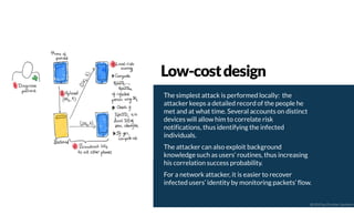 The simplest attack is performed locally: the
attacker keeps a detailed record of the people he
met and at what time. Several accounts on distinct
devices will allow him to correlate risk
notifications, thus identifying the infected
individuals.
The attacker can also exploit background
knowledge such as users’ routines, thus increasing
his correlation success probability.
For a network attacker, it is easier to recover
infected users’ identity by monitoring packets’ flow.
Low-costdesign
@2020 by Christian Spolaore
 
