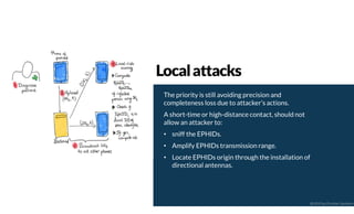 The priority is still avoiding precision and
completeness loss due to attacker’s actions.
A short-time or high-distance contact, should not
allow an attacker to:
• sniff the EPHIDs.
• Amplify EPHIDs transmission range.
• Locate EPHIDs origin through the installation of
directional antennas.
Localattacks
@2020 by Christian Spolaore
 