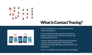Contact Tracing (CT) is a tracing method for
human interactions.
It was created with the purpose of monitoring
people’s contacts with infected individuals and
noticing them the risk.
It allows epidemiological data gathering and the
creation of proximity graph. This efficiently
models interactions between infected and at-risk
individuals.
Thus, it is possible to better study virus spreading.
WhatisContactTracing?
@2020 by Christian Spolaore
 