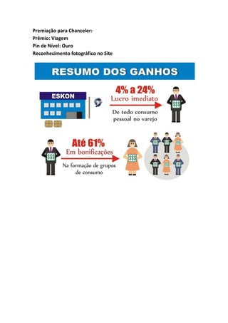 Premiação para Chanceler:
Prêmio: Viagem
Pin de Nível: Ouro
Reconhecimento fotográfico no Site
 