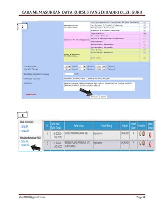 CARA MEMASUKKAN DATA KURSUS YANG DIHADIRI OLEH GURU
iho7880@gmail.com Page 4
8
7
 